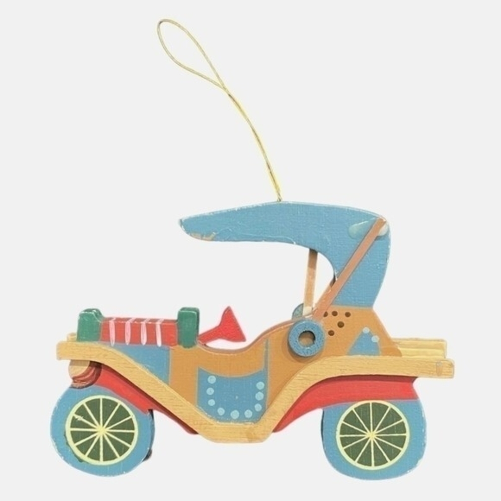Vintage Large Wooden Old Style Car Christmas Ornament 4.75" Taiwan Holiday Decor - Picture 2 of 3